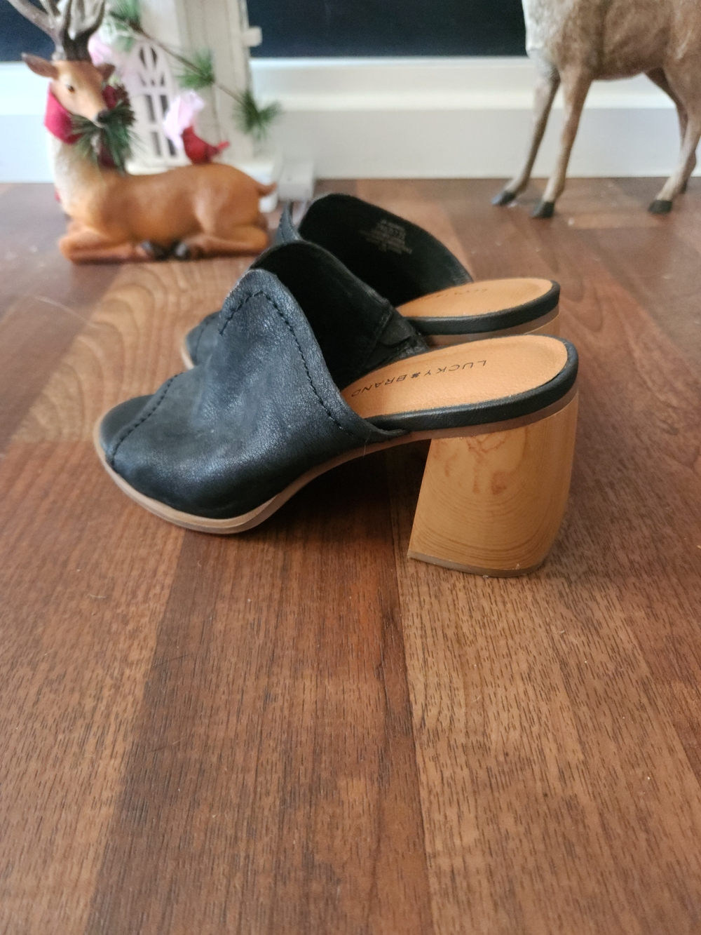 Lucky Brand Black Leather Block Heel Mules